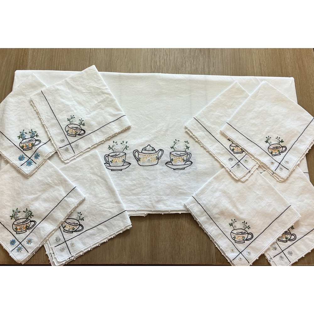 VTG Hand-Embroidered Tablecloth & 8 Napkins Set Sm Hole 61" X 63" Linen
